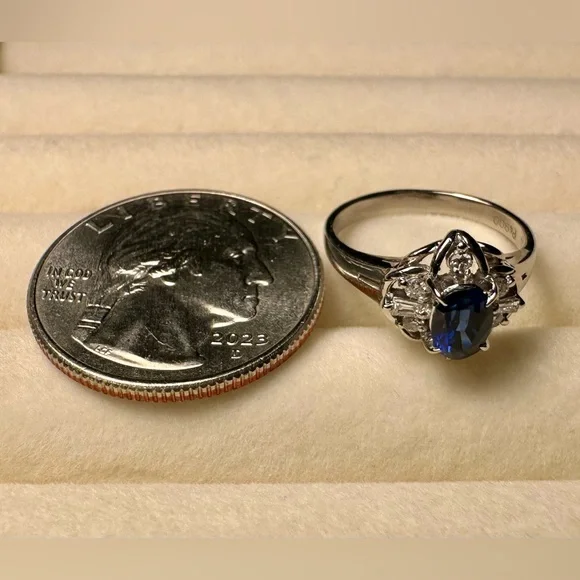 Platinum Natural Blue Sapphire & Diamond Jewelry Women Engagement Ring Size 4.9